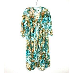 Lularoe Long Chiffon Cardigan Ties in Front Size M Teal Brown Floral Semi-Sheer